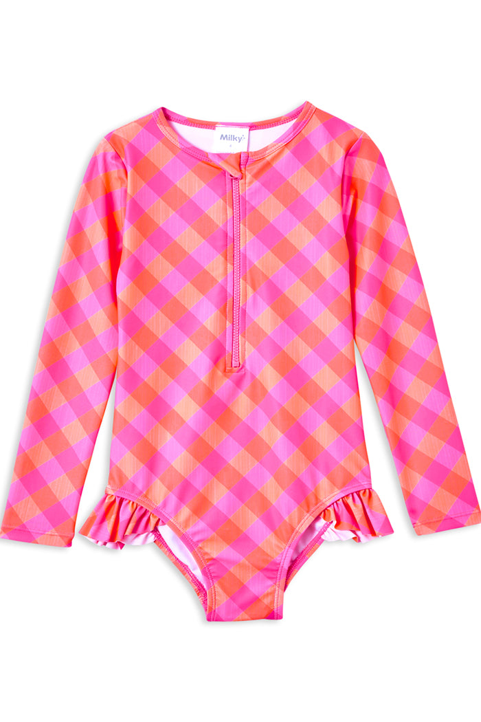 Check Long Sleeve Swimsuit