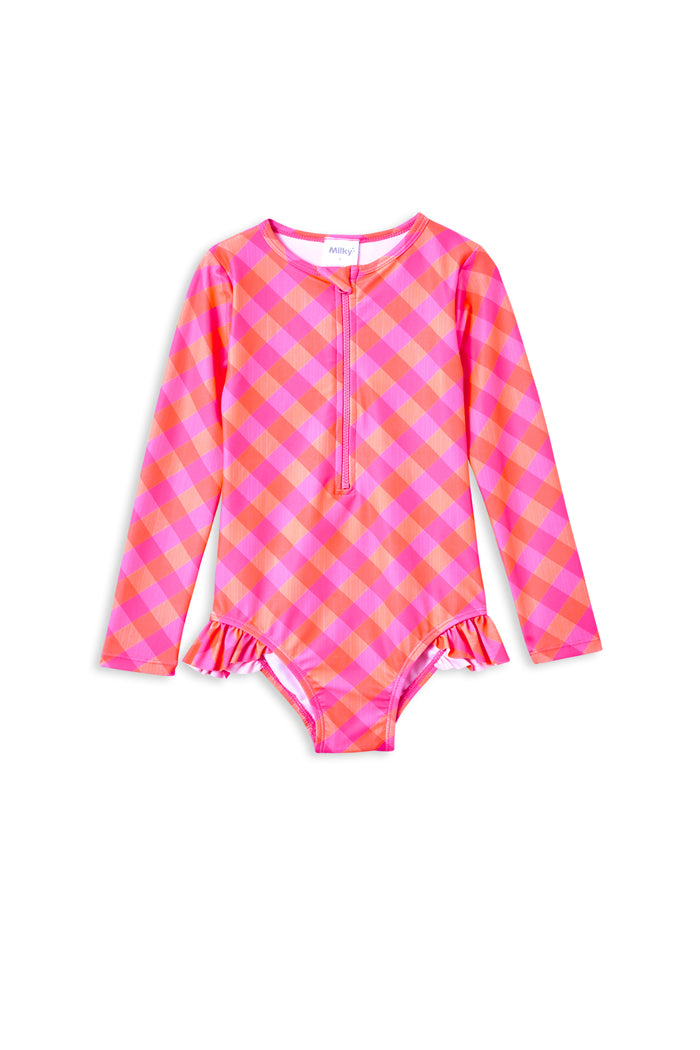 Check Long Sleeve Swimsuit