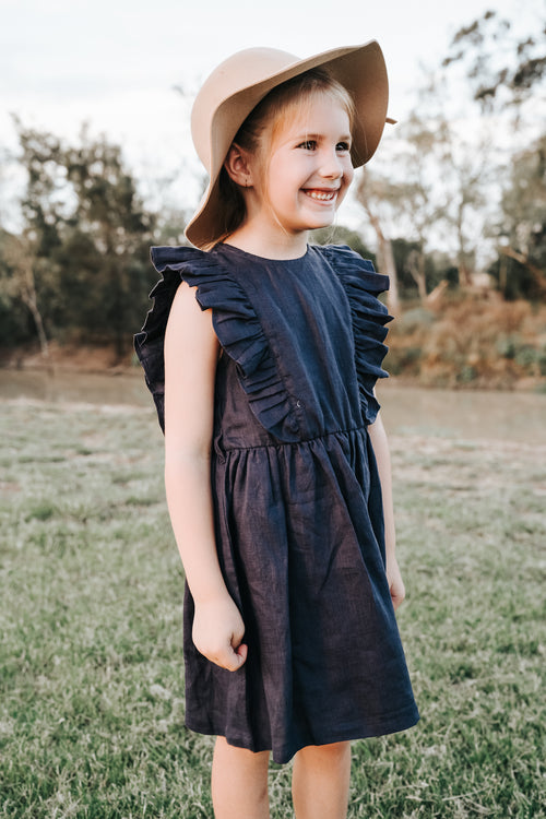 Girls Florence Summer Dress - Navy Linen