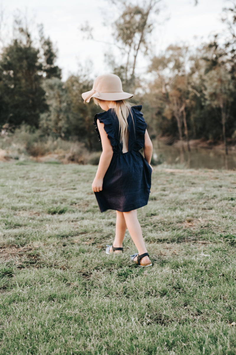 Girls Florence Summer Dress - Navy Linen