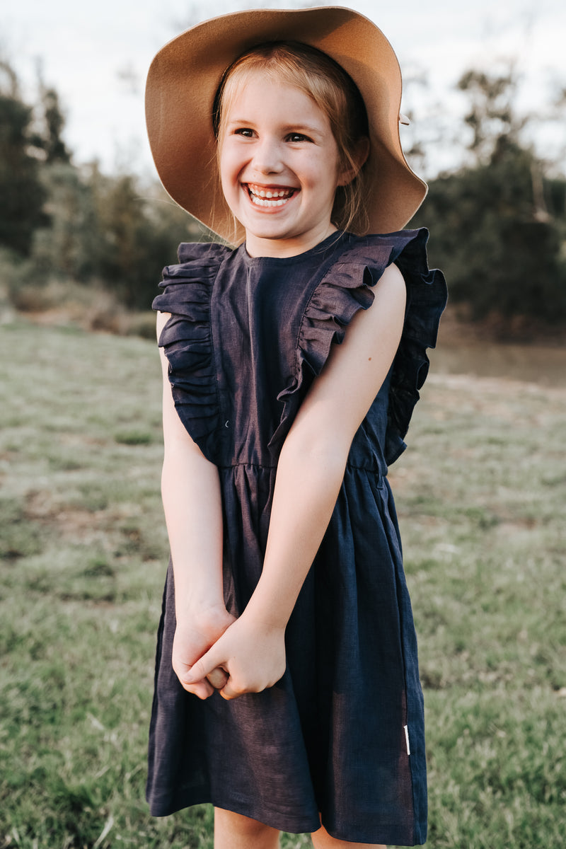 Girls Florence Summer Dress - Navy Linen