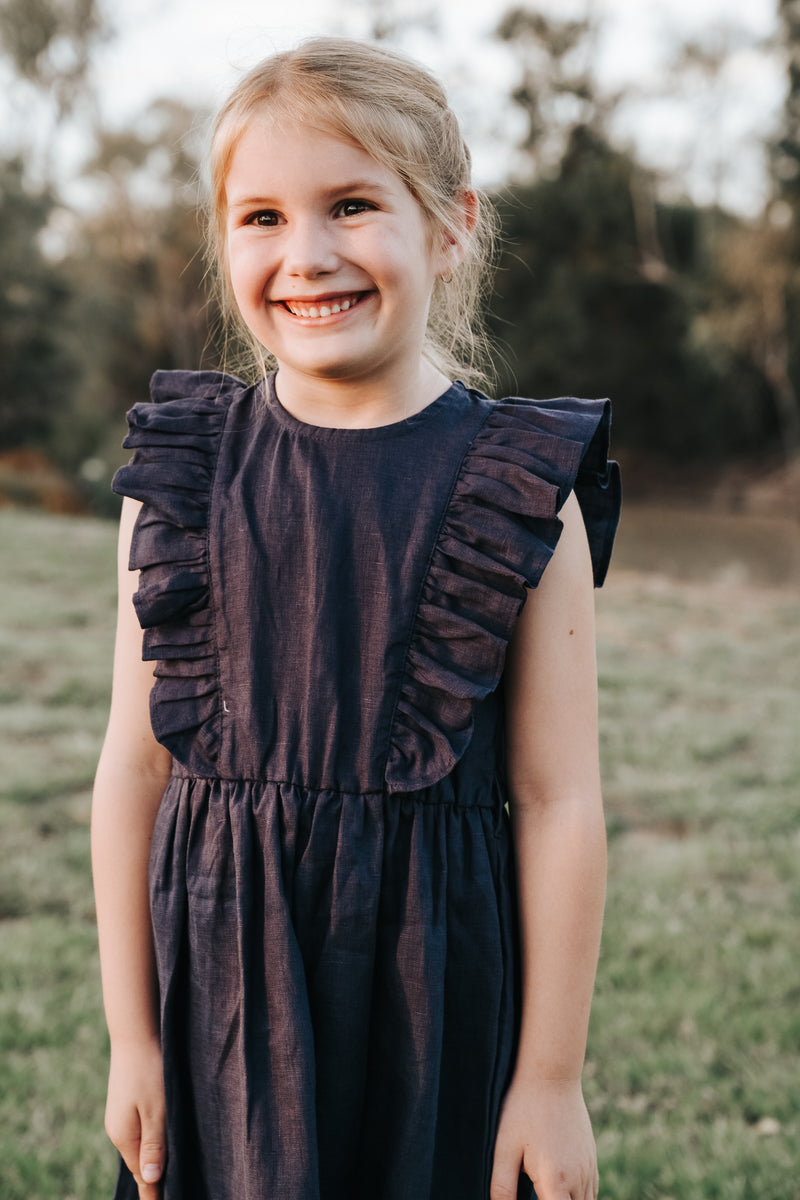 Girls Florence Summer Dress - Navy Linen