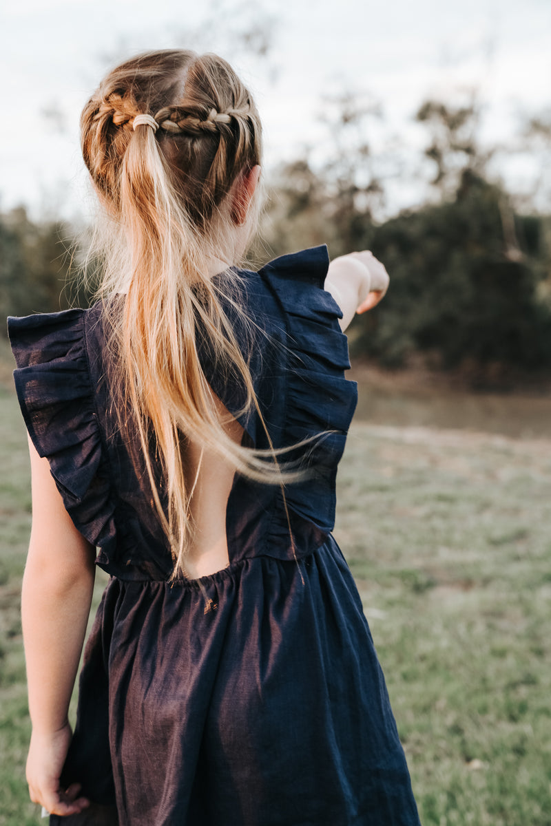 Girls Florence Summer Dress - Navy Linen