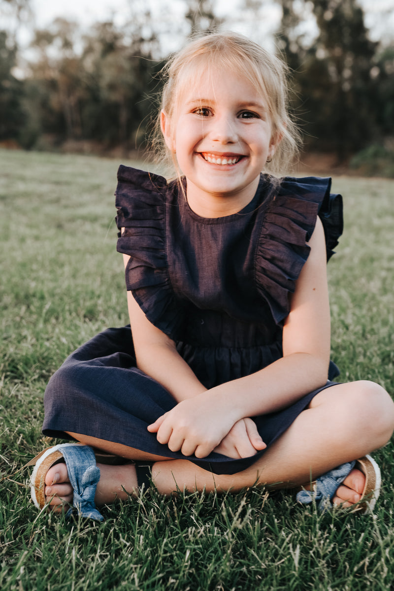 Girls Florence Summer Dress - Navy Linen