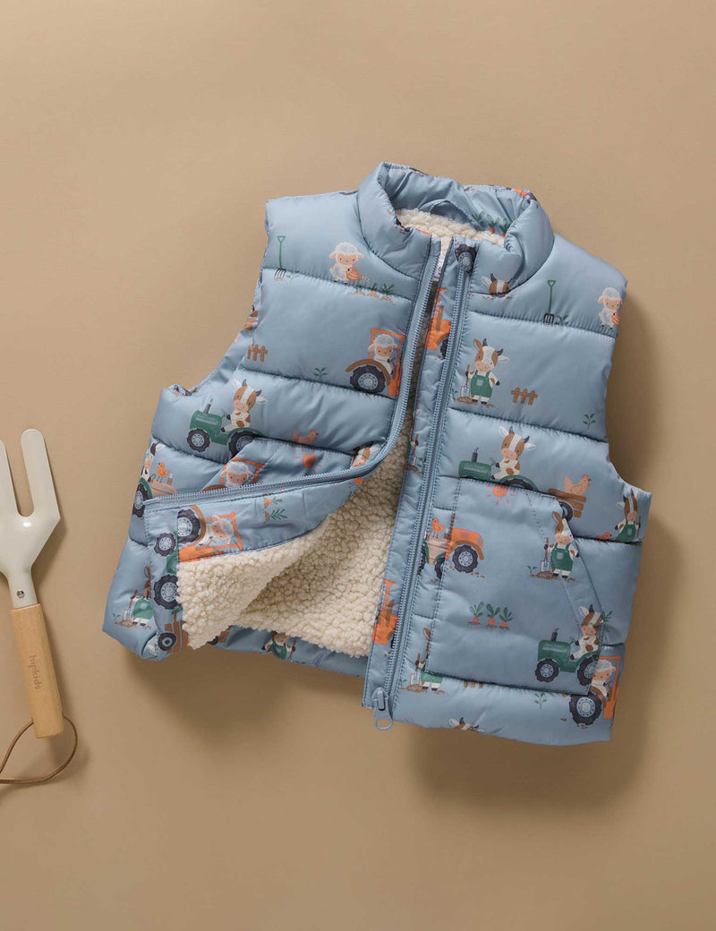 Shearling Lined Puffer Vest - Farming Print
