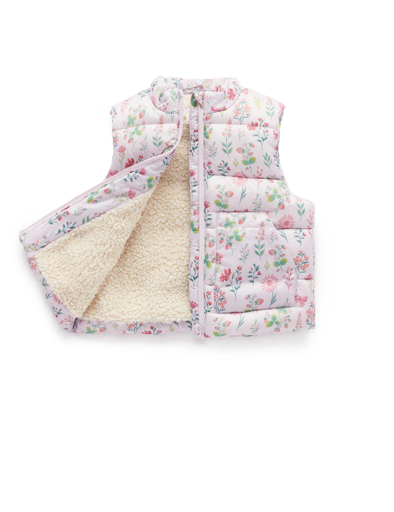 Shearling Lined Puffer Vest - Strawberry Patch Print