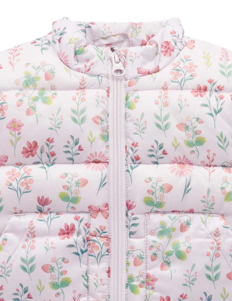 Shearling Lined Puffer Vest - Strawberry Patch Print