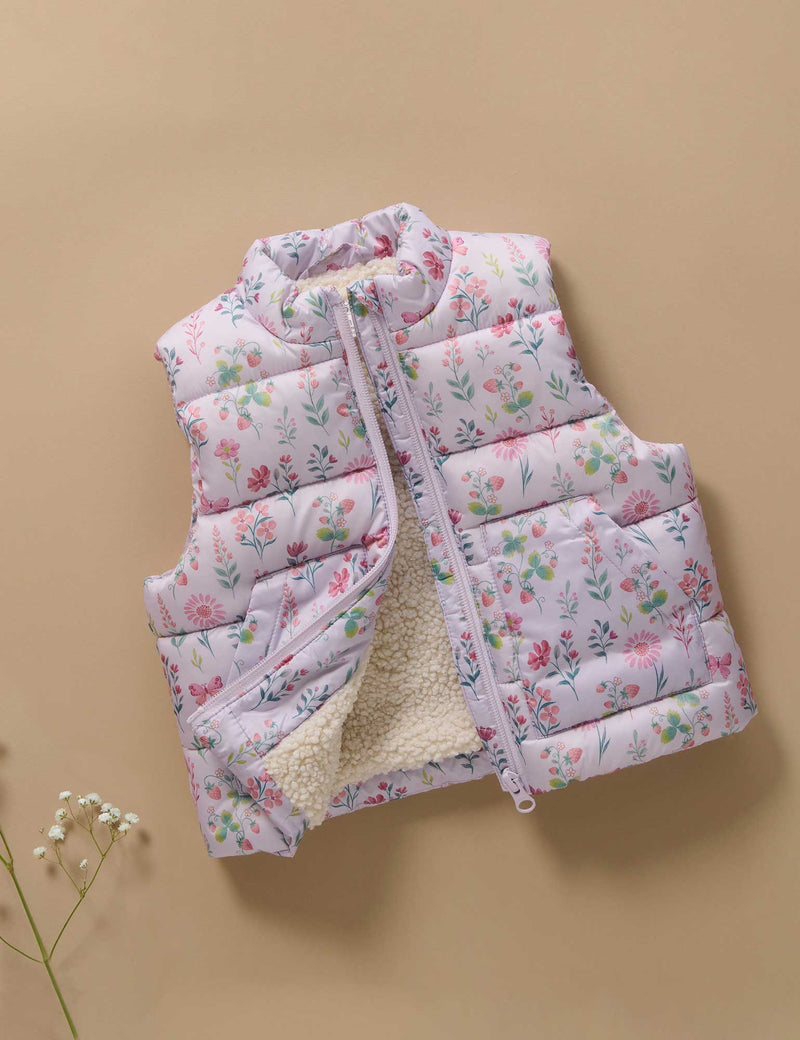 Shearling Lined Puffer Vest - Strawberry Patch Print