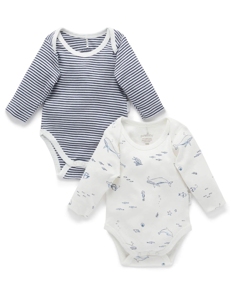 2 Pack Easy Neck Long Sleeve Bodysuit - Vanilla Nautical