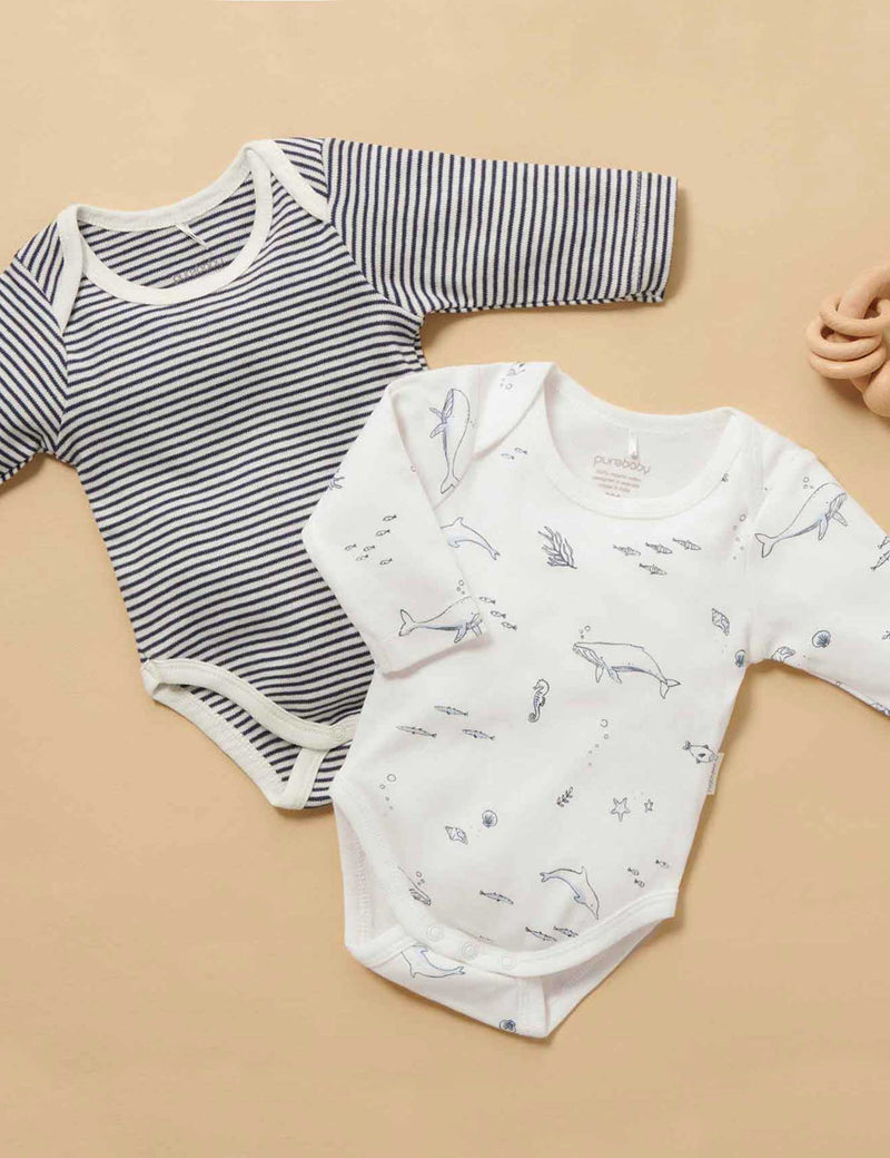 2 Pack Easy Neck Long Sleeve Bodysuit - Vanilla Nautical