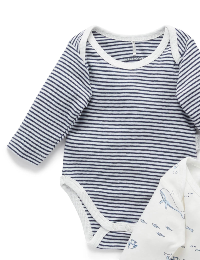 2 Pack Easy Neck Long Sleeve Bodysuit - Vanilla Nautical