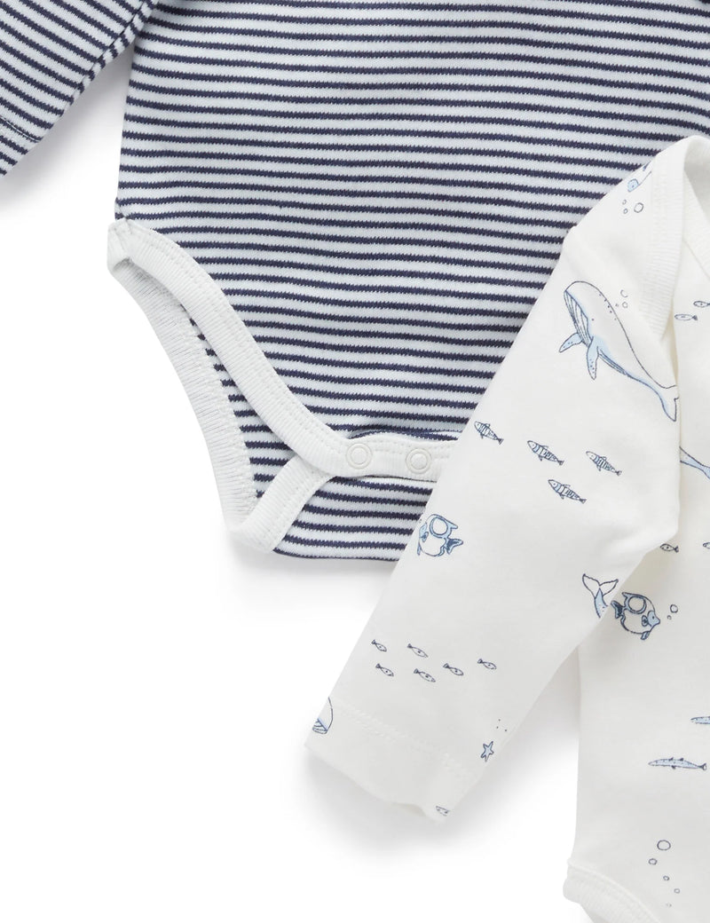 2 Pack Easy Neck Long Sleeve Bodysuit - Vanilla Nautical