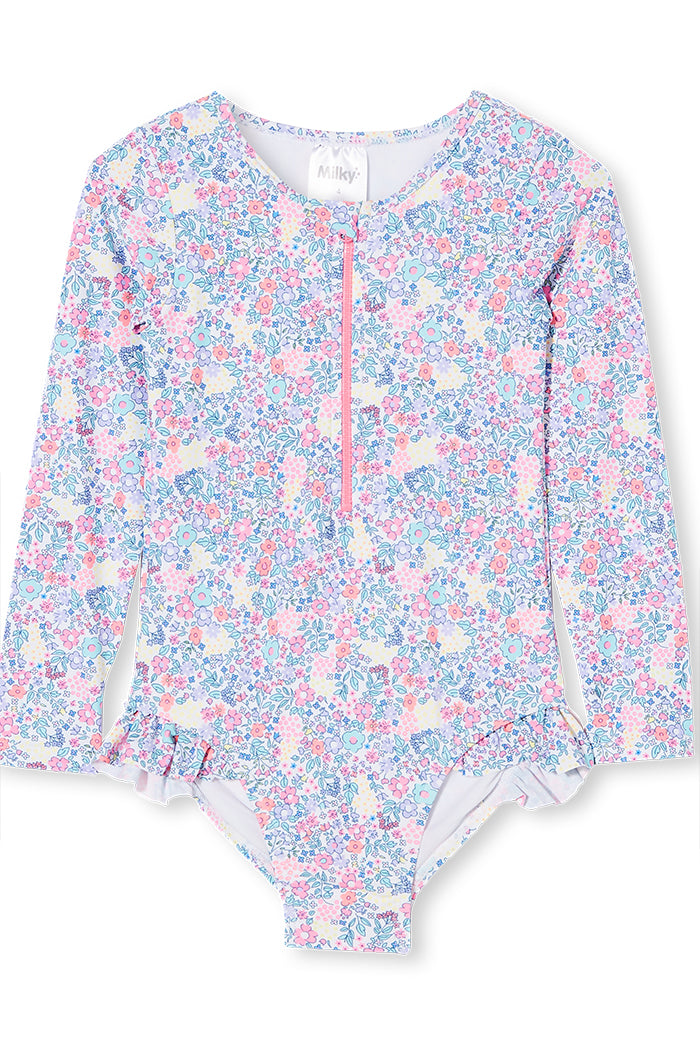 Neon Floral Long Sleeve Swimsuit