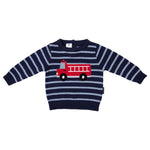 Fire Truck Knit Sweater - Navy Stripe