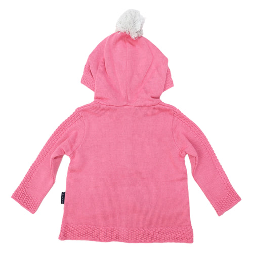 Knit Jacket with Contrast Pockets and Pom Pom - Hot Pink