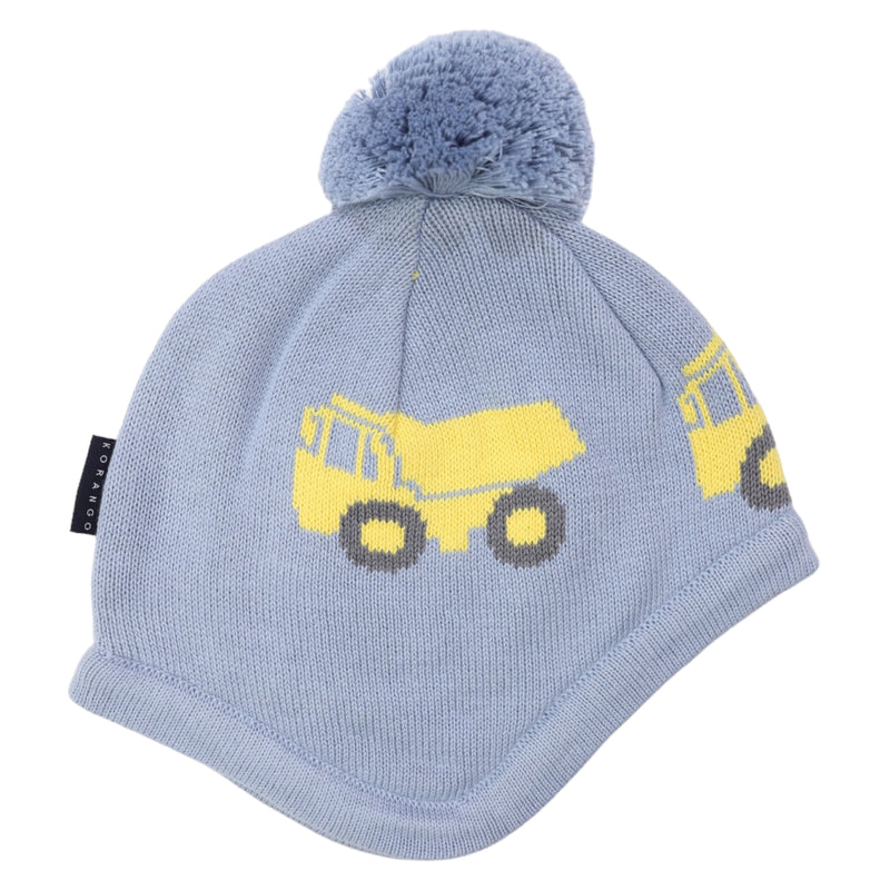 Knit Beanie with Truck Design - Dusty Blue