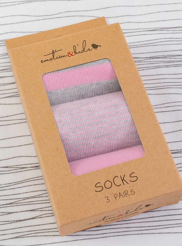 Socks 3 Pack - Pink & Grey Stripe