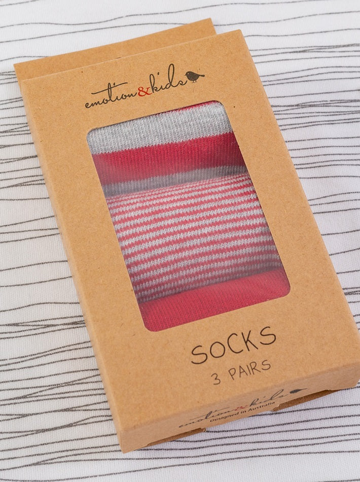 Socks 3 Pack - Red & Grey Stripe