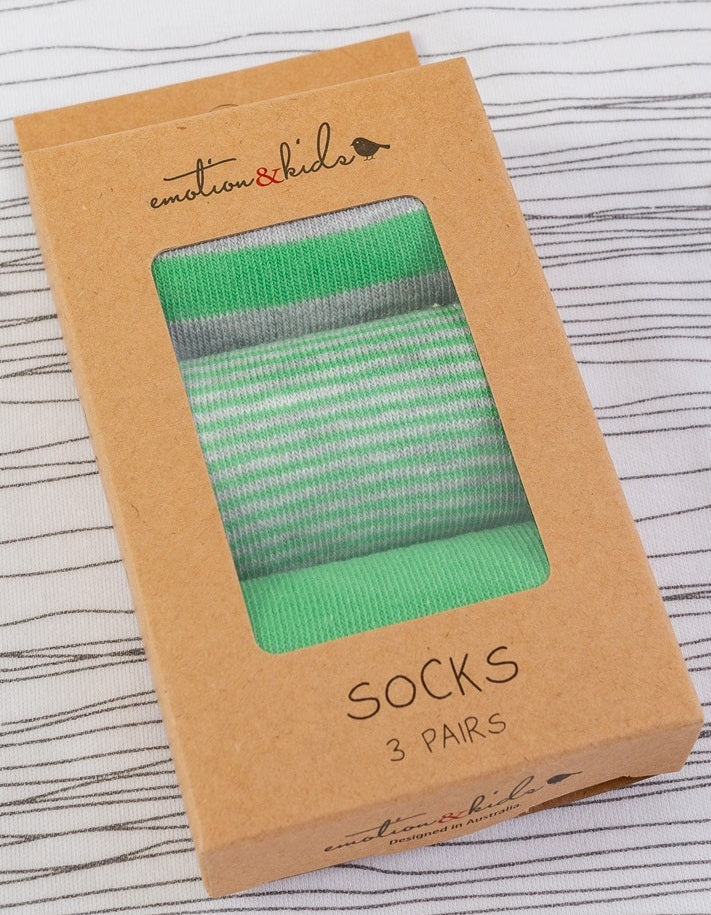 Socks 3 Pack - Green & Grey Stripe