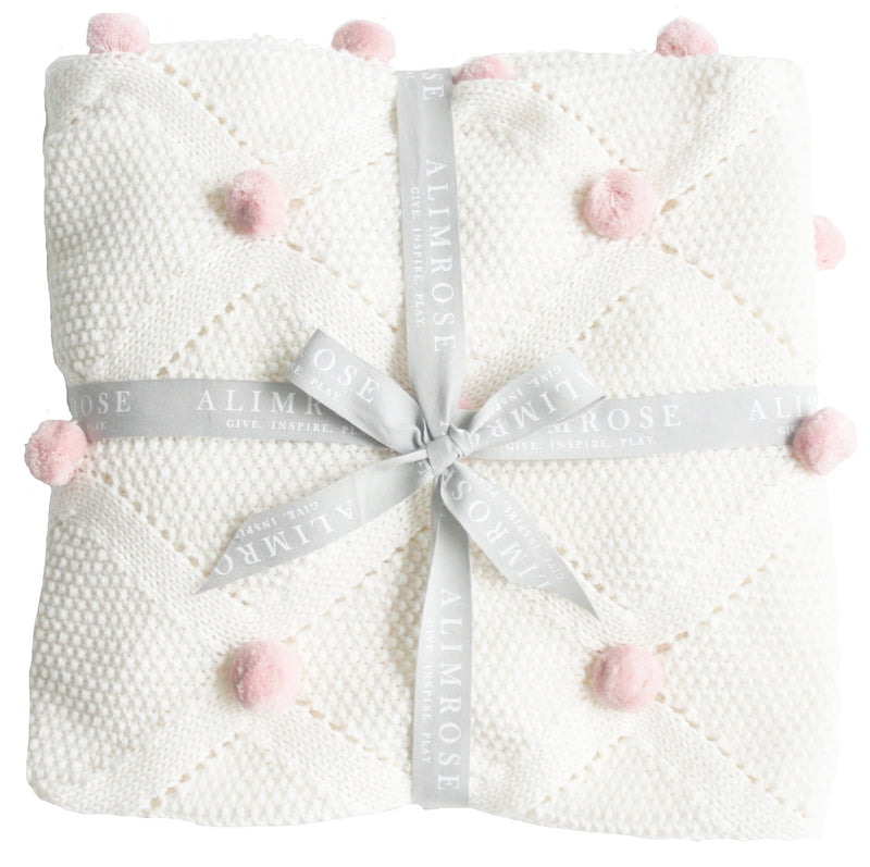 Organic Pom Pom Organic knit Baby Blanket - Pink & White