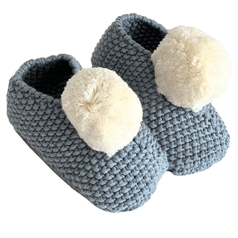 Baby Pom Pom Slippers - Blue and White