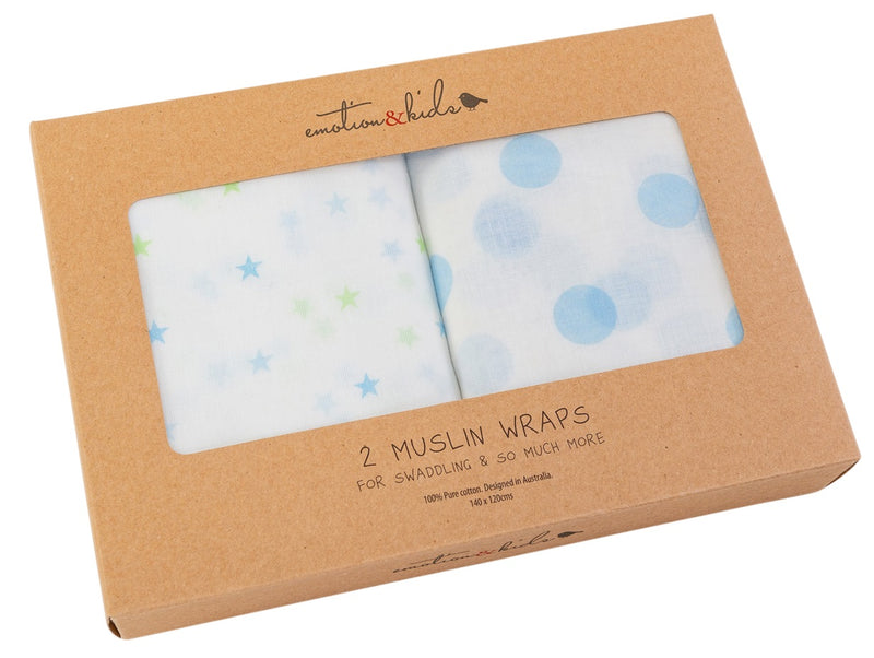 Muslin Wrap 2 Pack - Blue Gelati Stars & Blue Spots