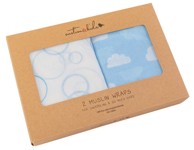 Muslin Wrap 2 Pack - Blue Clouds & Bubbles