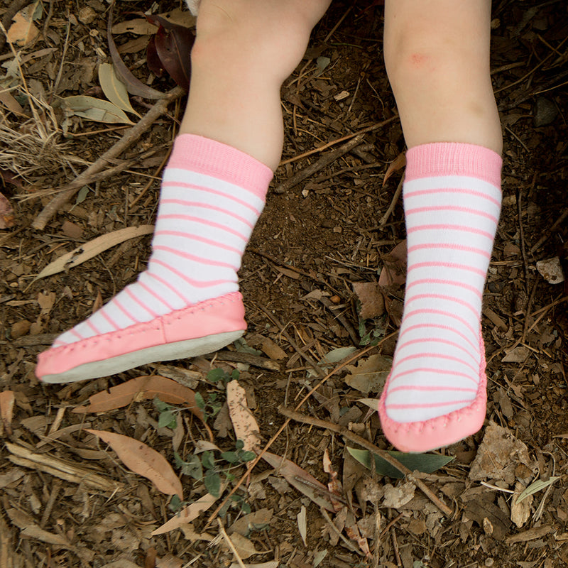 Leather Moccasin Socks - Pink Stripe