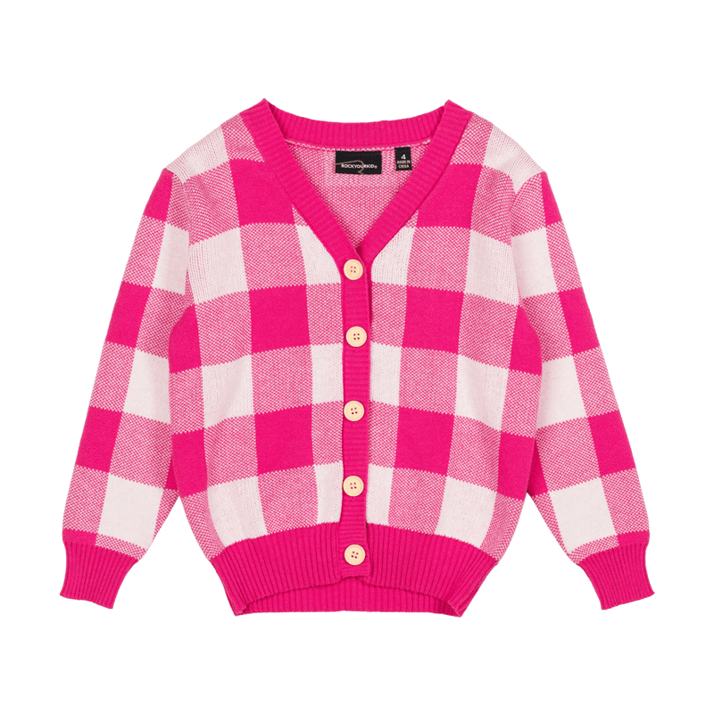 Pink Checkered Knit Cardigan