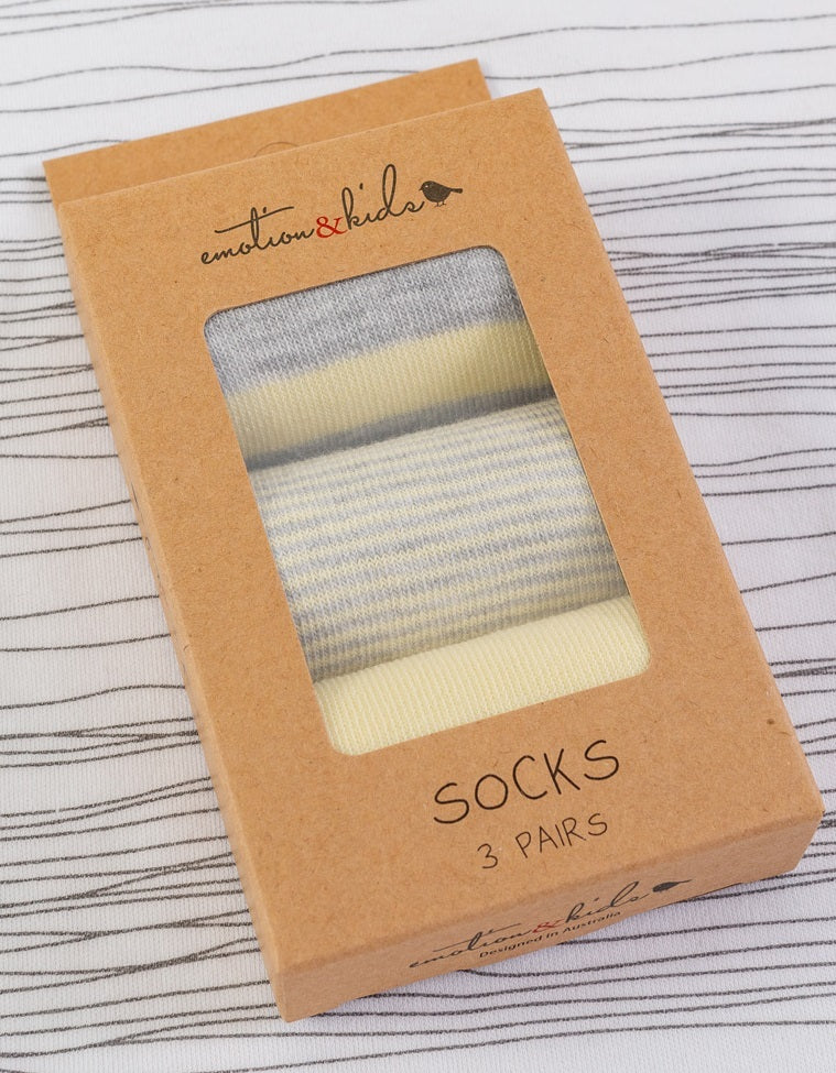 Socks 3 Pack - Lemon & Grey Stripe