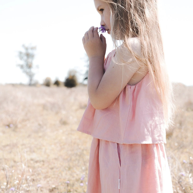 Girls Tiered Dress - Pink Linen